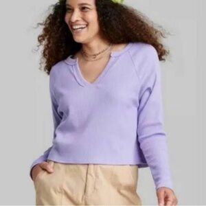 Wild Fable Women's‎ Purple Waffle Knit Drop Shoulder V-Neck Cropped Shirt NWT